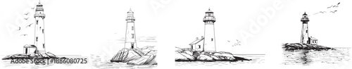Hand-drawn black and white illustrations of four coastal lighthouses standing on rocky cliffs with adjacent small buildings, surrounded by calm sea and flying birds. 