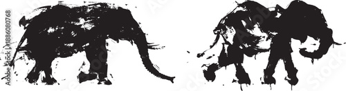 Abstract black ink silhouettes of elephants with expressive brush strokes and dripping textures, portraying strength, movement and artistic wilderness.