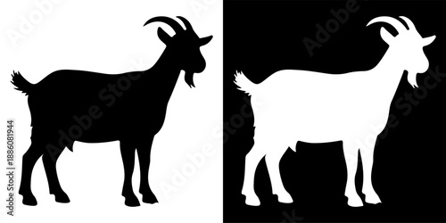 Silhouette of a goat standing on a white background and a black background.