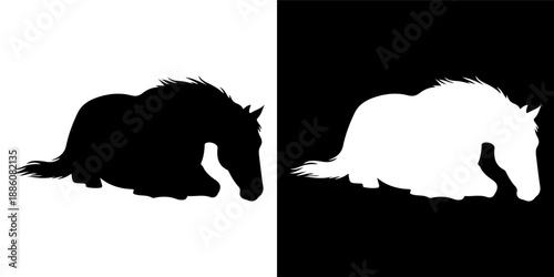 Silhouette of a horse lying down, black and white.