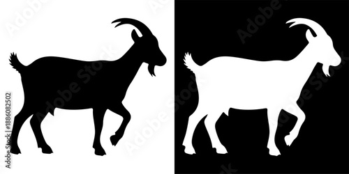 Silhouette of a goat walking, black and white vector illustration.