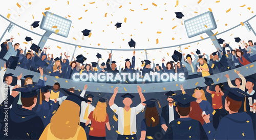 A large crowd of people celebrating graduation in a stadium with confetti and banners