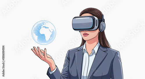 Woman in business attire experiencing virtual reality with a global representation in view