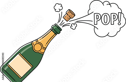 Champagne Bottle Popping with Comic Speech Bubble.