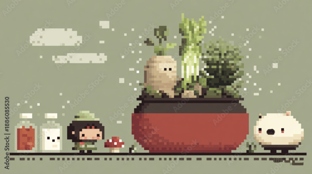 Fototapeta premium Potted plant with cartoon characters nearby.