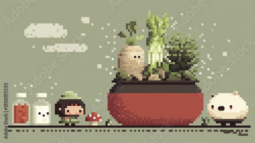 Potted plant with cartoon characters nearby.