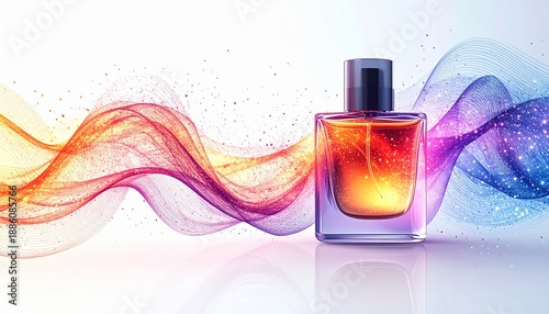 Elegant Perfume Bottle with Abstract Colorful Wave Design.