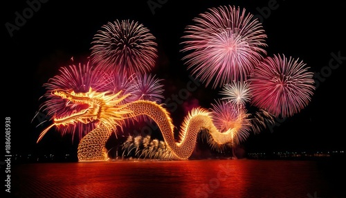 Spectacular Dragon Boat Festival Fireworks Display Over Water at Night.