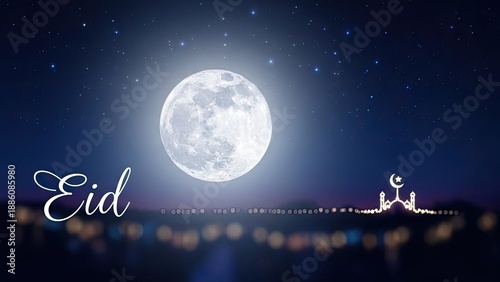 Radiant full moon illuminating a serene night sky with elegant 'Eid' calligraphy and a beautiful mosque silhouette, capturing the spirit of Islamic celebrations