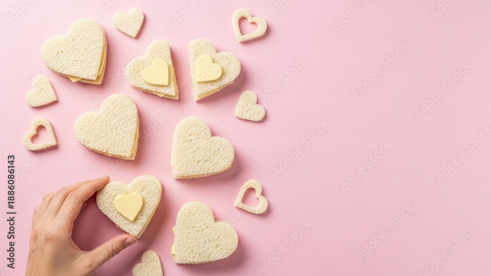 Obraz premium Heart shaped bread sandwiches with butter on pink