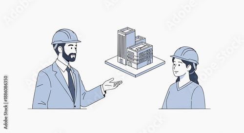 Business professionals discussing architectural plans for a new building project in a collaborative office environment from a straightforward viewpoint