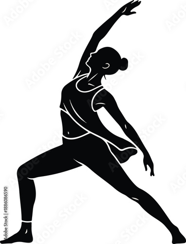 Black silhouette of a woman in a dynamic yoga or fitness pose, wearing athleisure clothing with one arm raised and body leaning back.