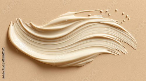Wavy cream smear on beige texture background. Creamy white sunscreen lotion swatch, moisturizer skincare product