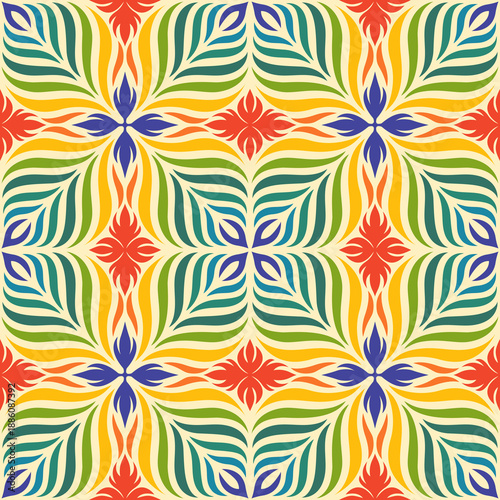 Seamless geometric floral pattern with symmetrical organic shapes in yellow, green, blue and red tones on a light background. Perfect for textiles, wallpaper, wrapping paper and surface design.
