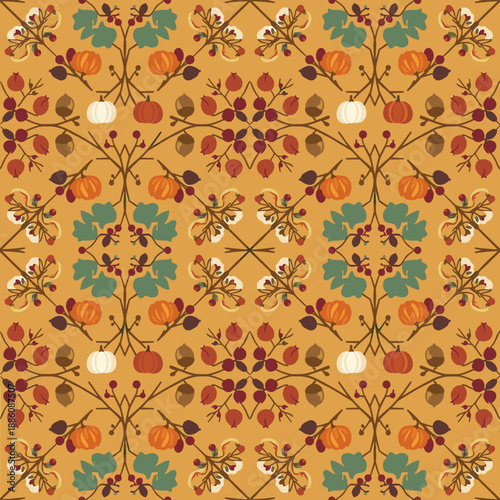 Rustic autumn harvest seamless pattern with pumpkins berries and acorns Seasonal background