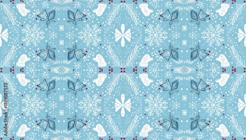 Seamless winter pattern with snowflakes mittens and berries on a blue background Holiday design
