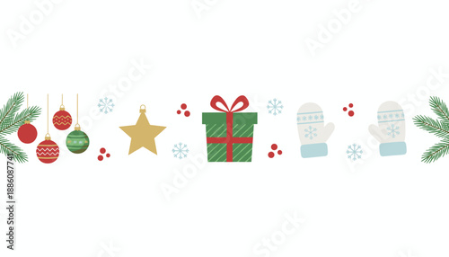 Holiday border illustration with ornaments gift mittens and fir branches for winter design