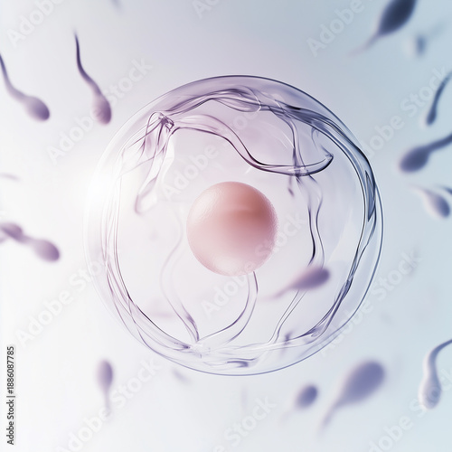 Egg cell inside transparent membrane with sperm cells around on soft gradient background, 3d microscopic image with copy space, for ivf, fertility treatment, reproductive medicine, biology research.