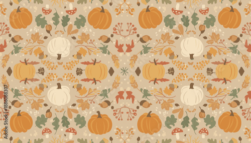 Warm rustic autumn seamless pattern featuring pumpkins fallen leaves acorns and mushrooms