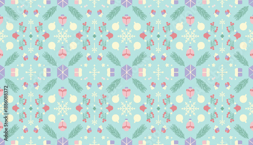 Pastel Christmas seamless pattern with snow ornaments gifts and fir branches on light blue background