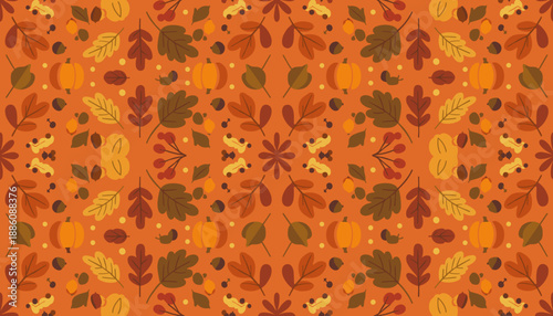 Seamless autumn pattern featuring flat design pumpkins leaves and acorns Perfect for harvest backgrounds