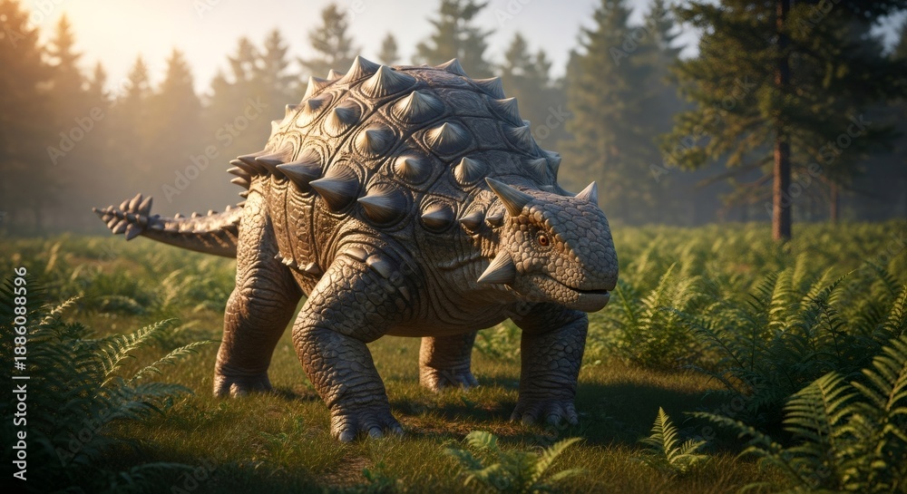 Fototapeta premium Ankylosaurus dinosaur walking across a prehistoric fern field. Ancient reptile in a tropical jungle habitat. Paleontology and Jurassic period concept.