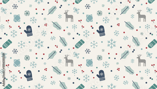 Seamless winter holiday pattern with snowflakes reindeer mittens pine branches and berries