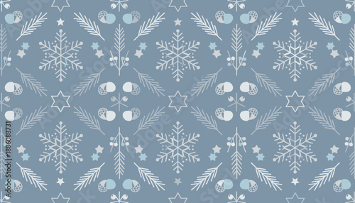 Seamless winter pattern featuring snowflakes pine boughs and stars on a dusty blue background Holiday design