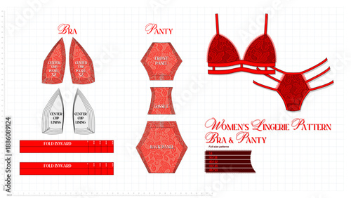 lingerie pattern set showing bra and panty construction with graded sizing from 34 to 50. Technical flat templates for fashion designers, including cups, linings, panels and gusset, studio