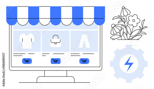 Online shopping, e-commerce, digital retail, eco-conscious design, technology innovation, energy efficiency. Monitor with storefront, shopping carts and settings gear with floral imagery. E-commerce