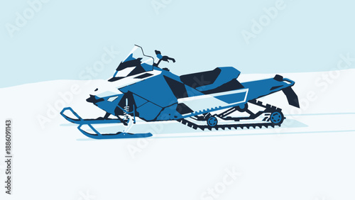Blue Snowmobile on Snowy Ground Winter Scene.
