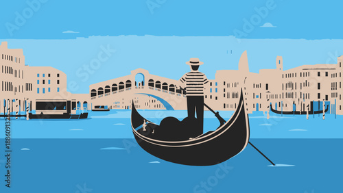 Gondolier in Striped Shirt Sailing Gondola.