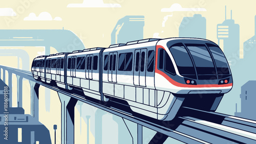 Modern Monorail Train on Elevated Track.