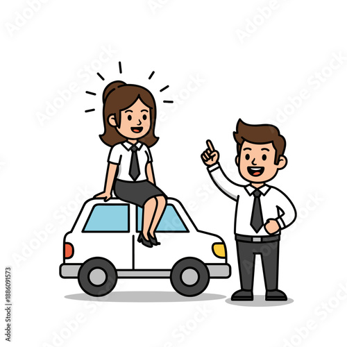 Cartoon businessman standing with a car in a professional business scene
