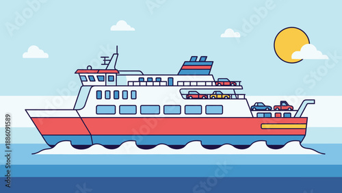 Red and Blue Ferry Boat Sailing.