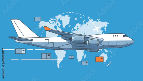 White Airplane Flying with Global Map.