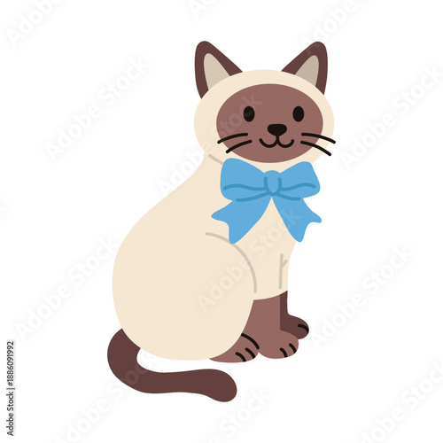 Cute Siamese cat sitting with a blue bow. Flat vector illustration in a soft cartoon style, isolated on white background. Perfect for kids designs, nursery decor, pet themes, stickers and educational 