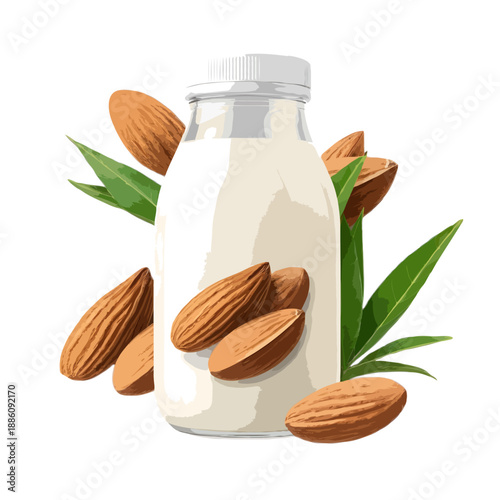 Almond milk bottle with nuts isolated on white background, Vector, illustration