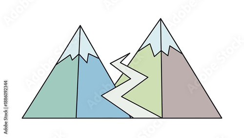 Simplified illustration of three stylized mountains with snowy peaks in different soft colors from a frontal viewpoint
