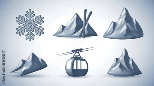 A helicopter flying over a set of mountains with a snowflake in the vicinity, presented in a digital illustration format from a top viewpoint