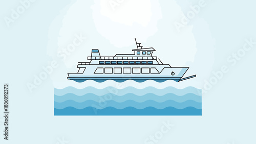 A large ferry boat sails across the calm ocean waters on a sunny day from a distant viewpoint