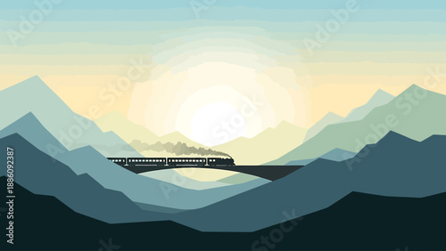 A serene bridge spans across a tranquil lake surrounded by majestic mountains at sunrise from a distant viewpoint