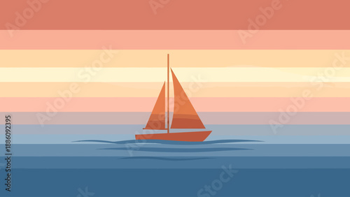 Sailboat gliding across serene ocean waters during a vibrant sunset viewed from a distance with calm surroundings