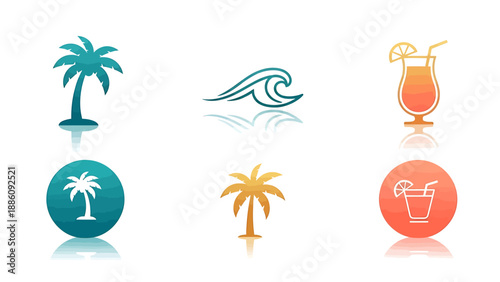 Tropical icons set featuring palm trees, waves, and cocktails in various colors, illustrations, and reflective surfaces, viewed from directly above.