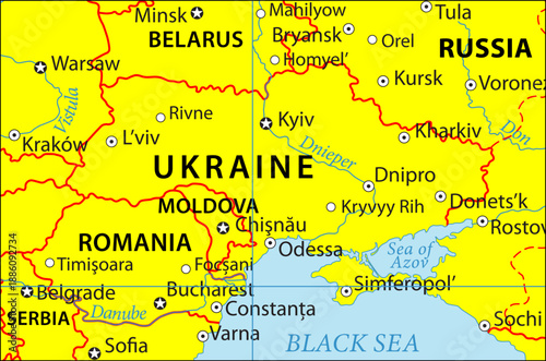 Vector ukraine, russia, belarus, moldova, romania, serbia with cities on political world map. Fragment 
of eastern european region with kiev, crimea, sevastopol, dnipro, donetsk, odessa, lviv, kharkiv