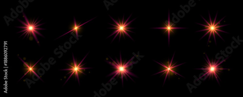 Hot red iridescent glowing sparkling set. Magical stars, twinkles or sparks glowing pack. Shining light flare effect collection. Starlight rays radiance elements. Vector warm beam star bursts bundle