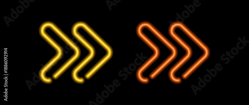 Yellow and orange neon arrow element. Glowing led direction sign. Shine tube lamps in arrowhead shape. Bright luminous fluorescent pointer effect for banner, poster, logo. Vector neon led lights