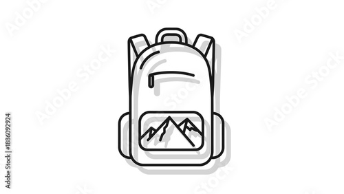 A simple line drawing of a backpack with a mountain design on it