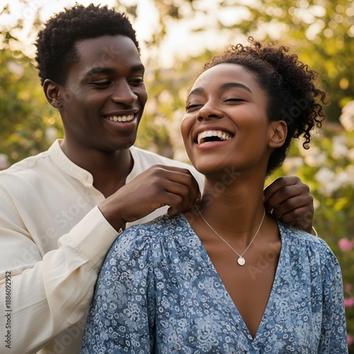 Couple smiles and enjoys each other's company in a garden during while sharing a joyful moment wear a gift jewelry pendant necklace