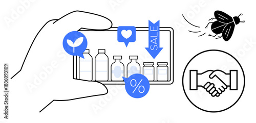 Ecommerce concept. Ecommerce highlighted through online shopping, eco-friendly product symbols, and digital discount icons. Ecommerce connecting sustainability, mobile retail, and collaboration